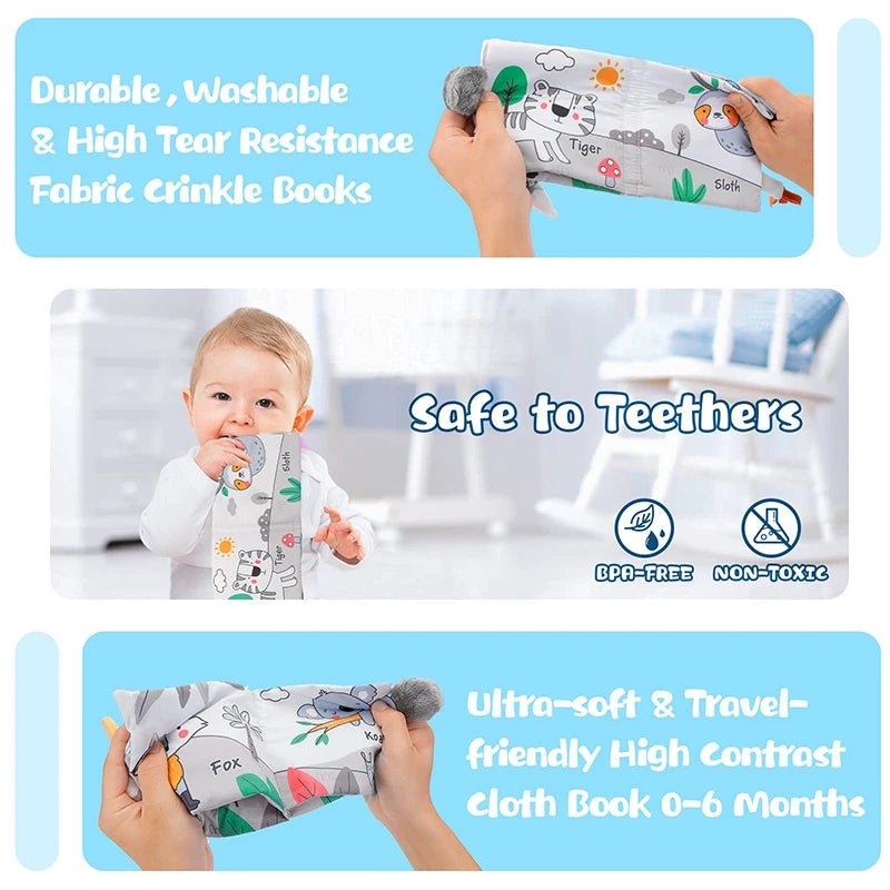 Fabric crinkle baby books built to be safe, washable, and durable for daily handling and chewing.