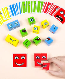 Hand placing a red expression block next to a deck of cards and colorful face cubes