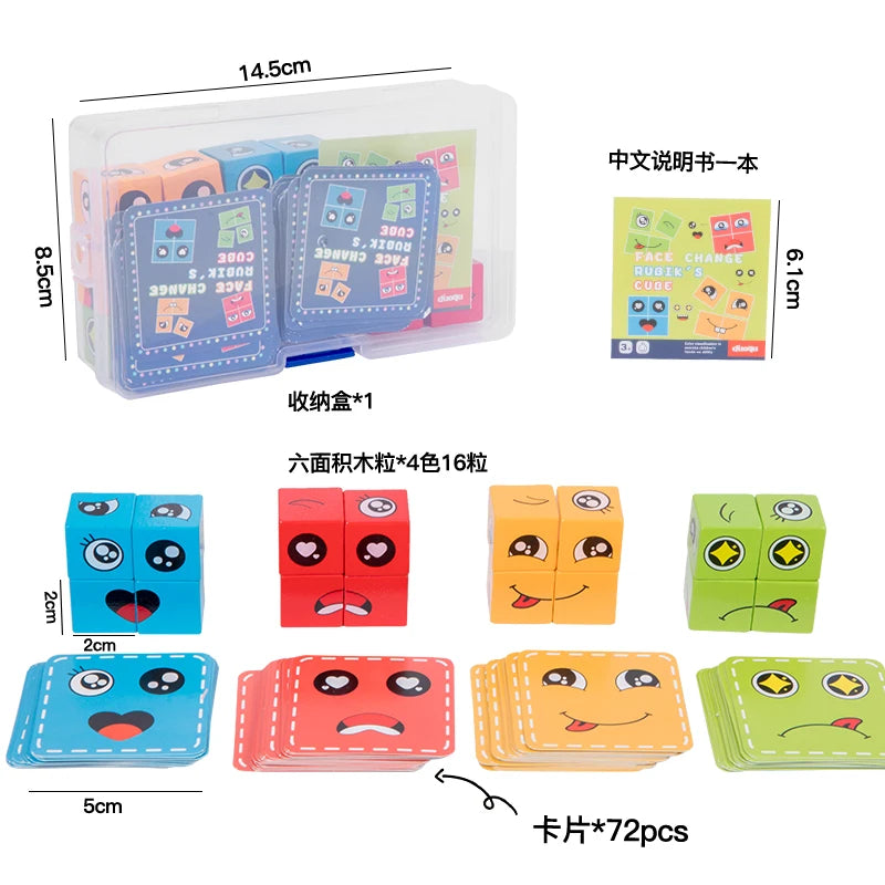 Clear plastic storage box with blocks, cards and a booklet shown with size markings
