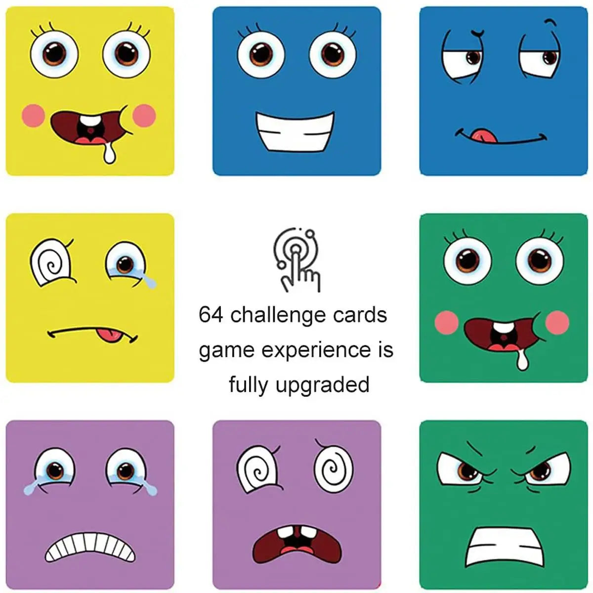 Six cartoon face cards in different colors with the text 64 challenge cards