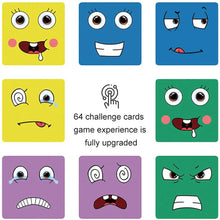 Six cartoon face cards in different colors with the text 64 challenge cards