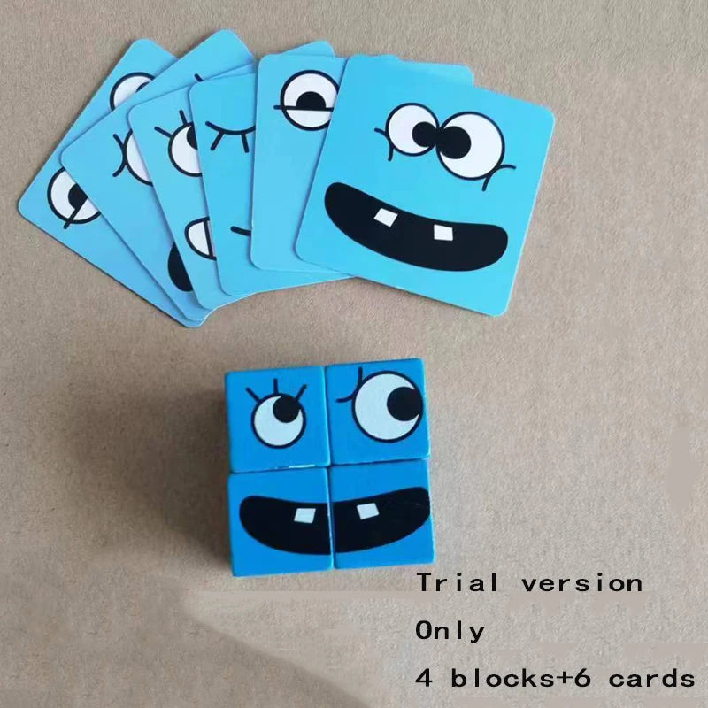 Blue four-block cube with six blue cards and the text trial version only four blocks and six cards