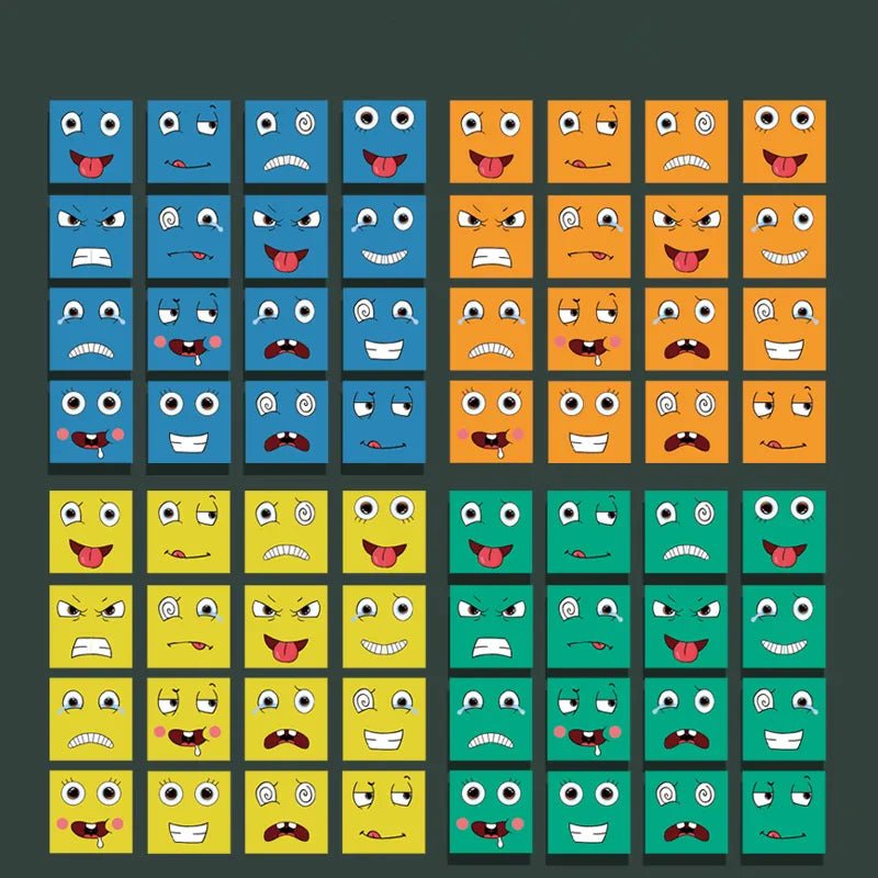 Grid of colorful square icons with various facial expressions.