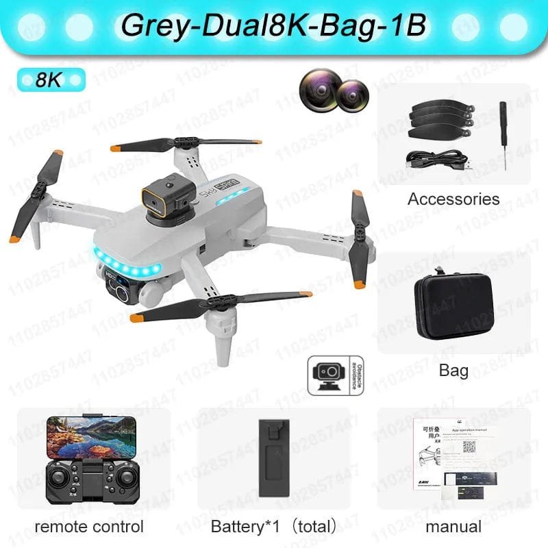 8K dual-camera drone with accessories, remote control, battery, and manual on a white background.
