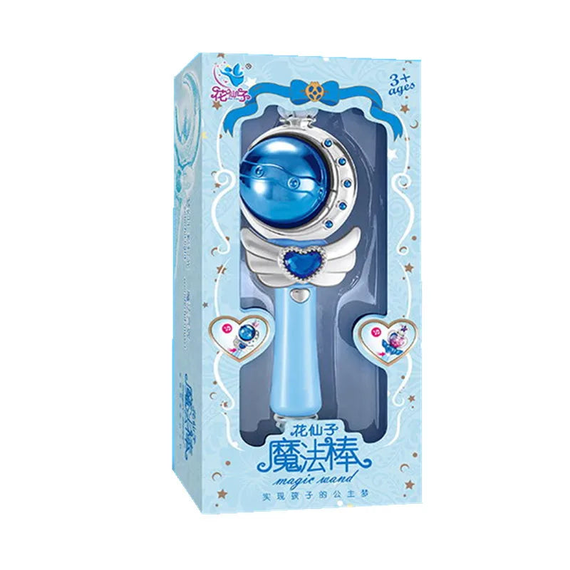 Blue window box holding a wand with a blue orb inside a crescent moon