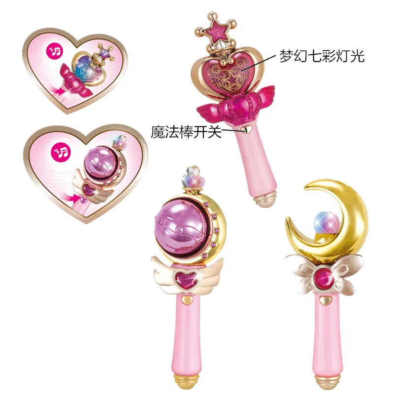 Heart-shaped wand parts with Chinese labels for the switch and colorful lights above a pink orb wand and a gold moon wand