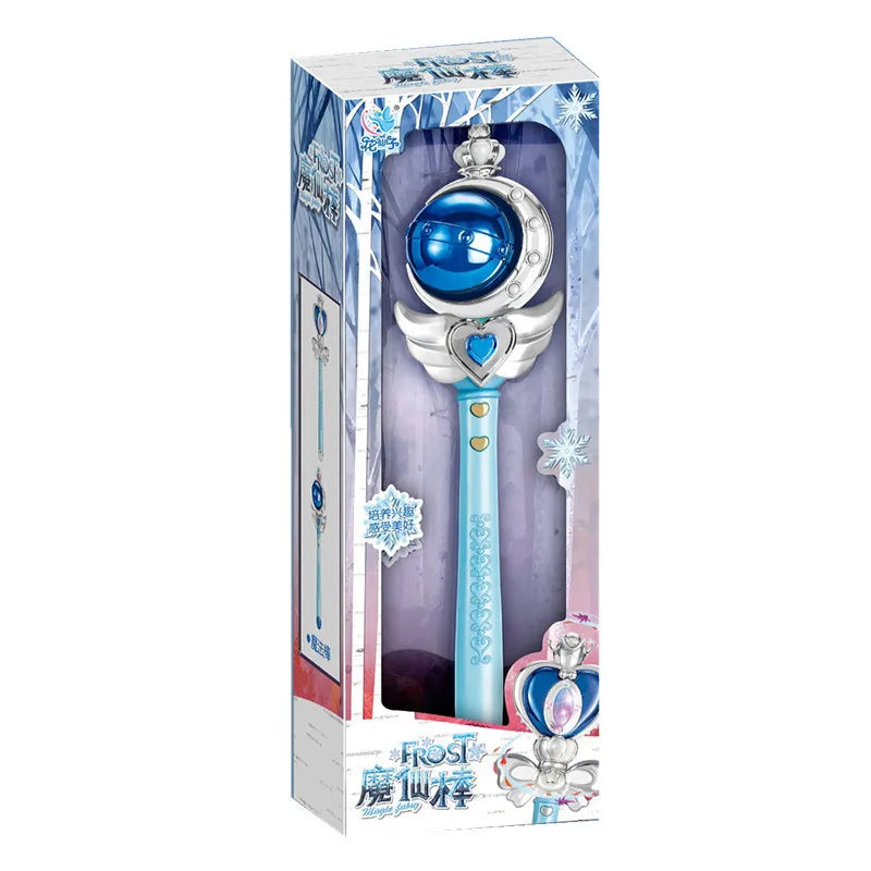 Tall snowflake-themed box holding a wand with a blue orb and silver wings