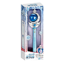 Tall snowflake-themed box holding a wand with a blue orb and silver wings