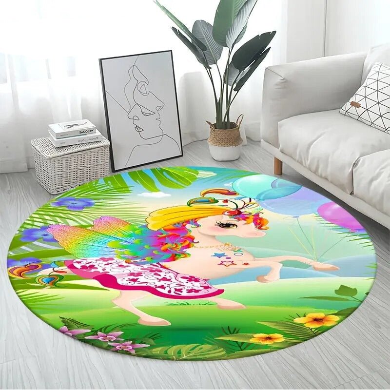 Colourful fairy and unicorn 3D round non-slip floor rug for kids to sit on during imaginative play.