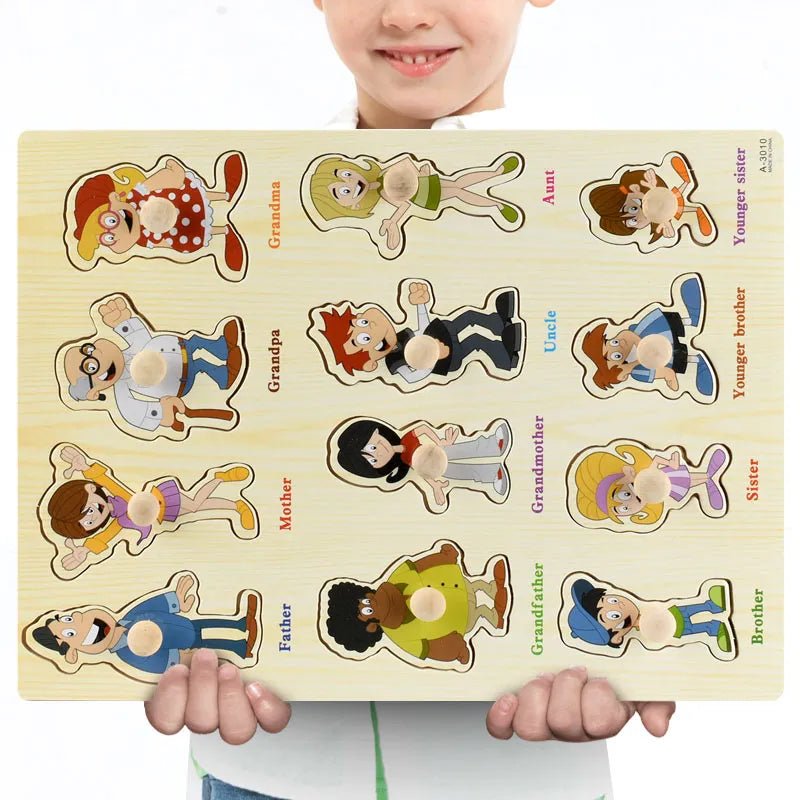Child holding a Montessori wooden family figure puzzle with labels for color recognition and family learning.