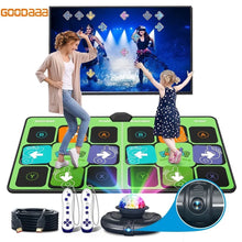 Family TV/PC Dance Mat Game set up with wireless double controllers for interactive home dancing fun.