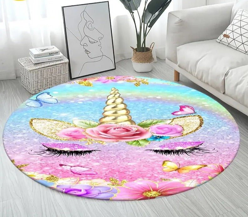 Fantasy unicorn 3D cartoon round carpet for kids playrooms, adding soft cushioning for sitting and building games.