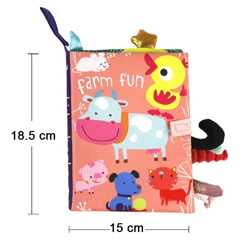 Farm animal illustration cloth book with measurements for infant educational play.