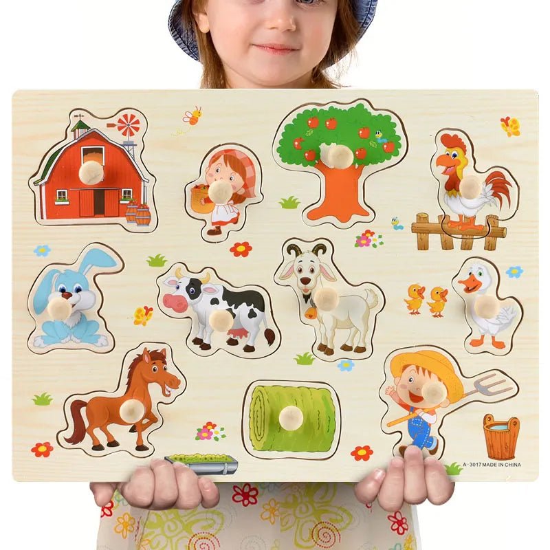 Child holding a Montessori wooden farm animal puzzle for a color match activity with farm objects.