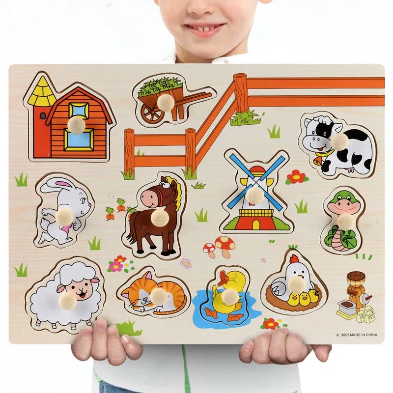 Child holding a Montessori wooden farm animal puzzle designed as a travel friendly toy for road trips.