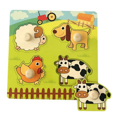 Montessori wooden farm animal puzzle learning game with wooden animal pieces for infant playtime.