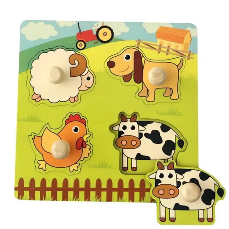 Montessori wooden farm animal puzzle learning game with wooden animal pieces for infant playtime.