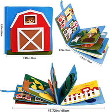 Farm Animal Storytelling Busy Board fabric pages with size chart for Montessori sensory learning.