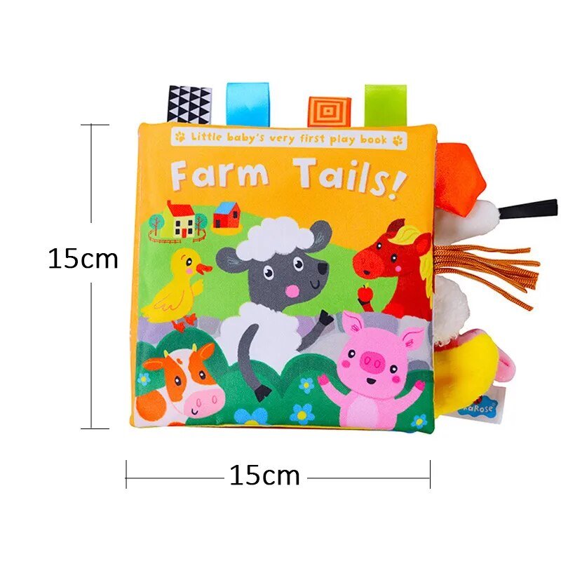 Farm Tails farm-themed animal tail cloth book with dimensions for baby educational play.