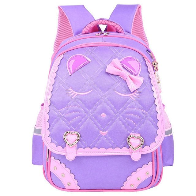Purple and pink backpack with cat face design