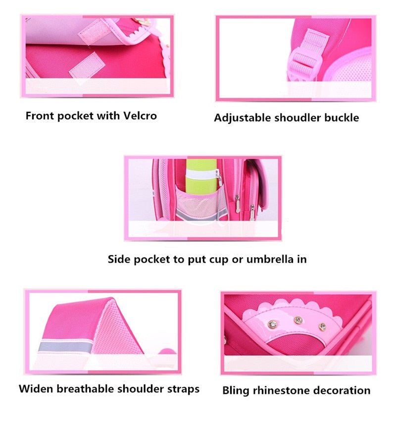 Pink backpack with various features highlighted