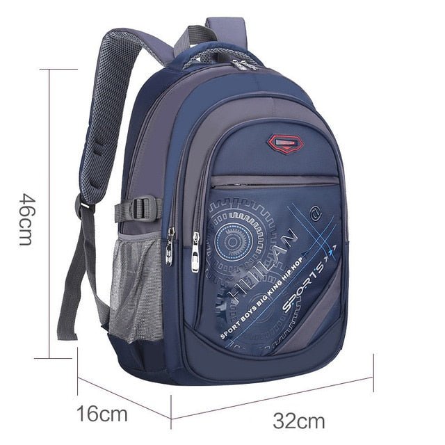 Blue and gray backpack with measurements