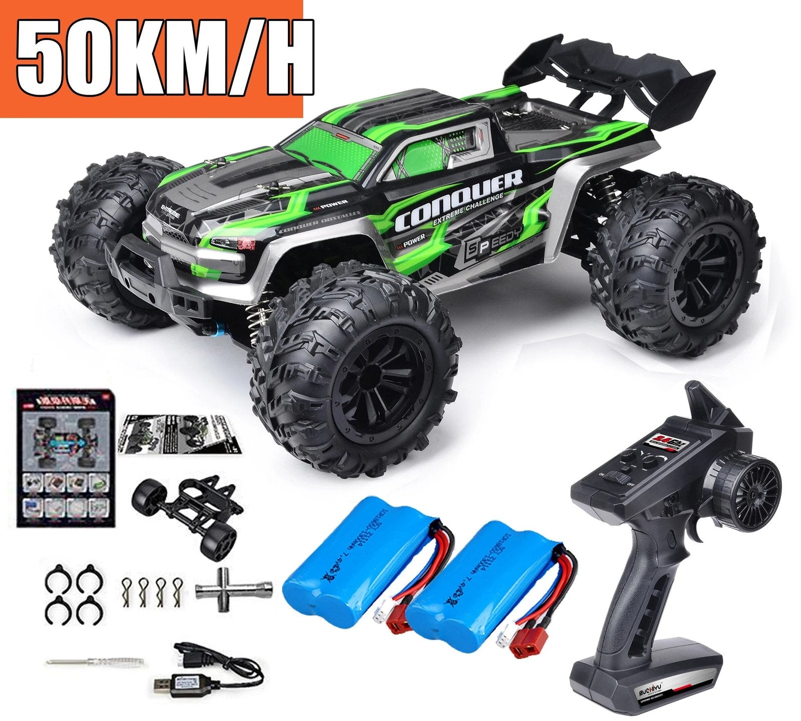 Fast LED 4x4 RC Monster Truck with accessories shown on a white background for off-road night driving.