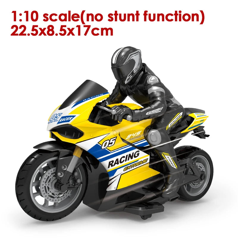 Toy motorcycle with rider, featuring text about scale and dimensions.