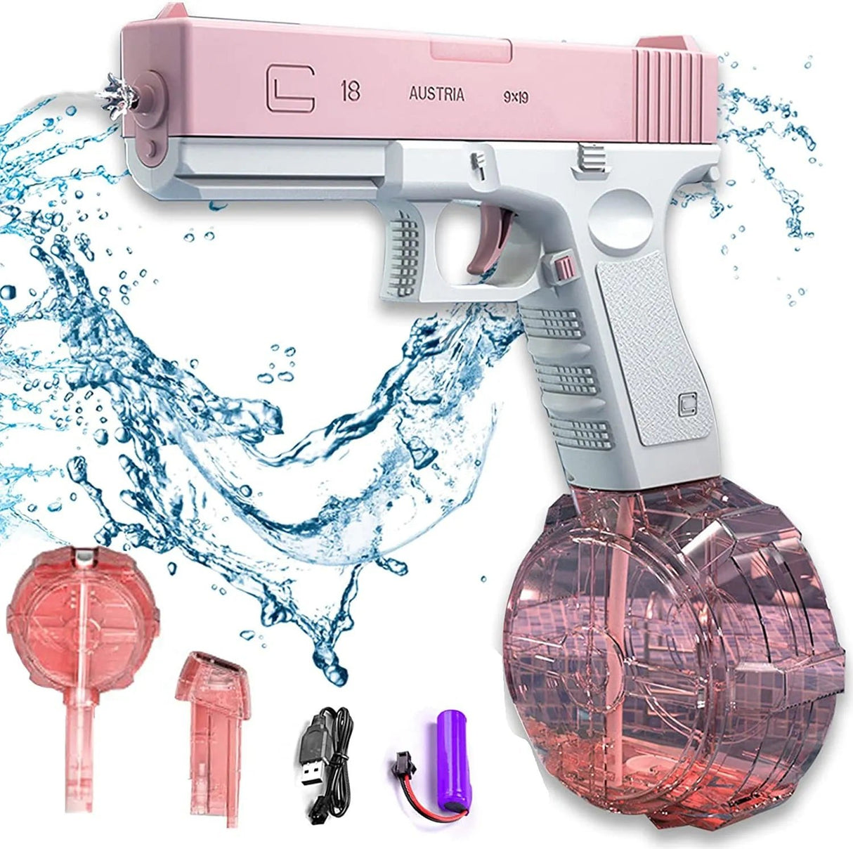 Pink and gray water gun with accessories.