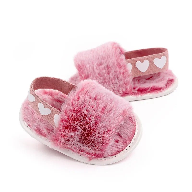 Faux Fur Fashion Baby Shoes leopard print first walkers shown angled view for warm-weather dressing.