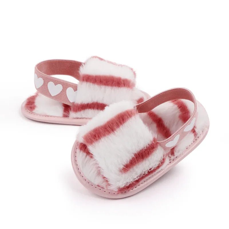Faux Fur Fashion Baby Shoes leopard print first walkers shown side view for stroller walks and outings.