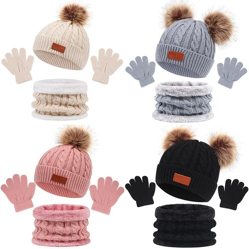 Set of winter accessories including hats, scarves, and gloves in various colors on a white background.