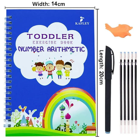 KAFLEY toddler exercise book with number arithmetic, pen, and eraser on a white background