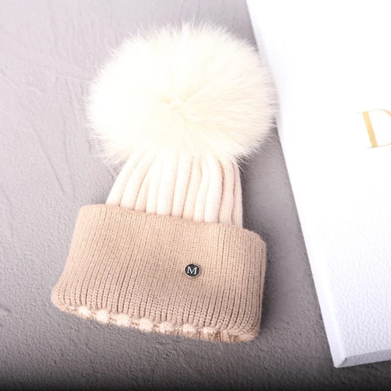 Natural Mink Pom Pom Beanie - Wool, Ear Protection, Kids - beige khaki, Kids 48-52cm image