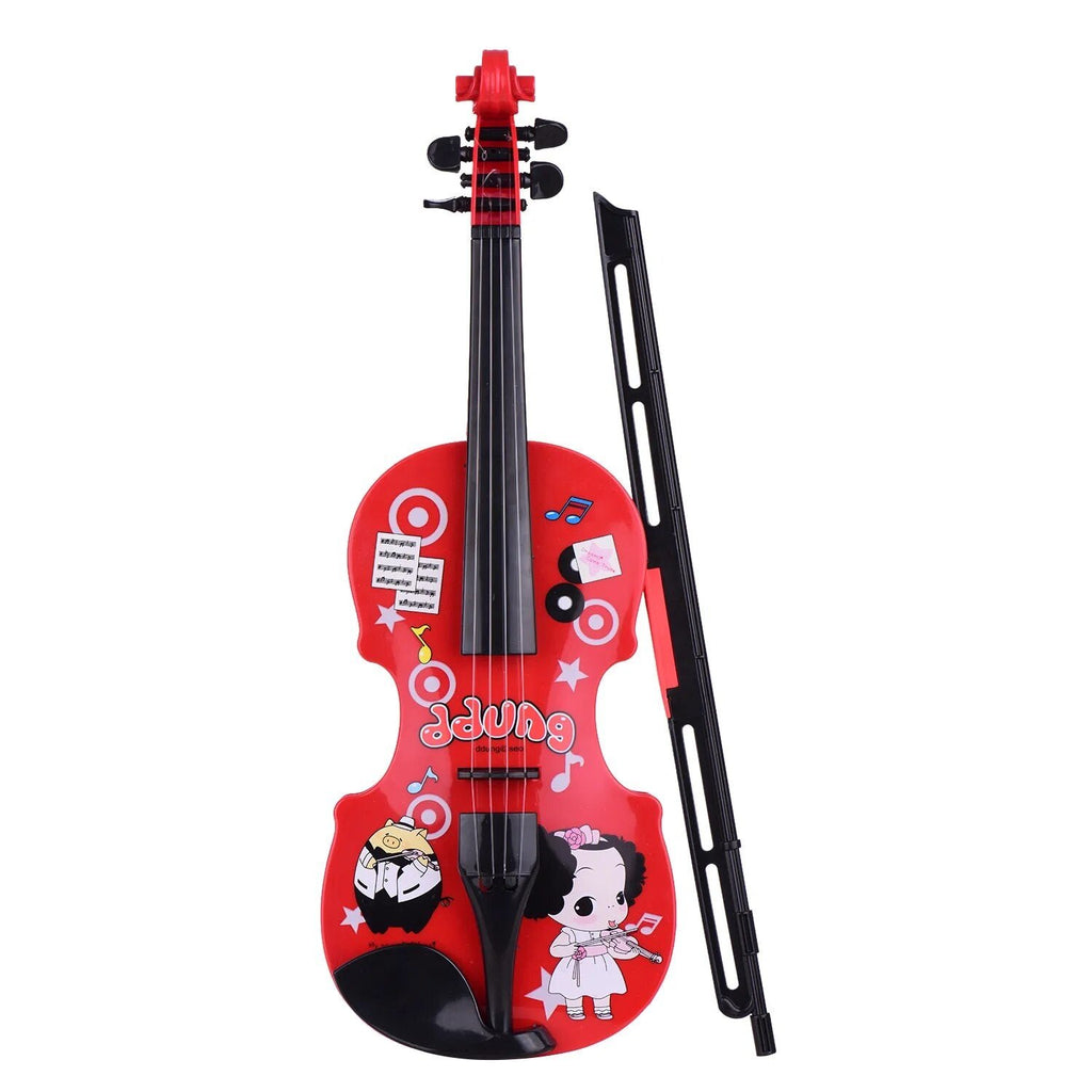 Red cartoon-violin with black bow on a white background