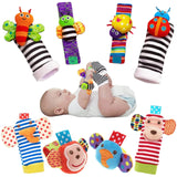 Colorful baby socks with animal designs on a white background