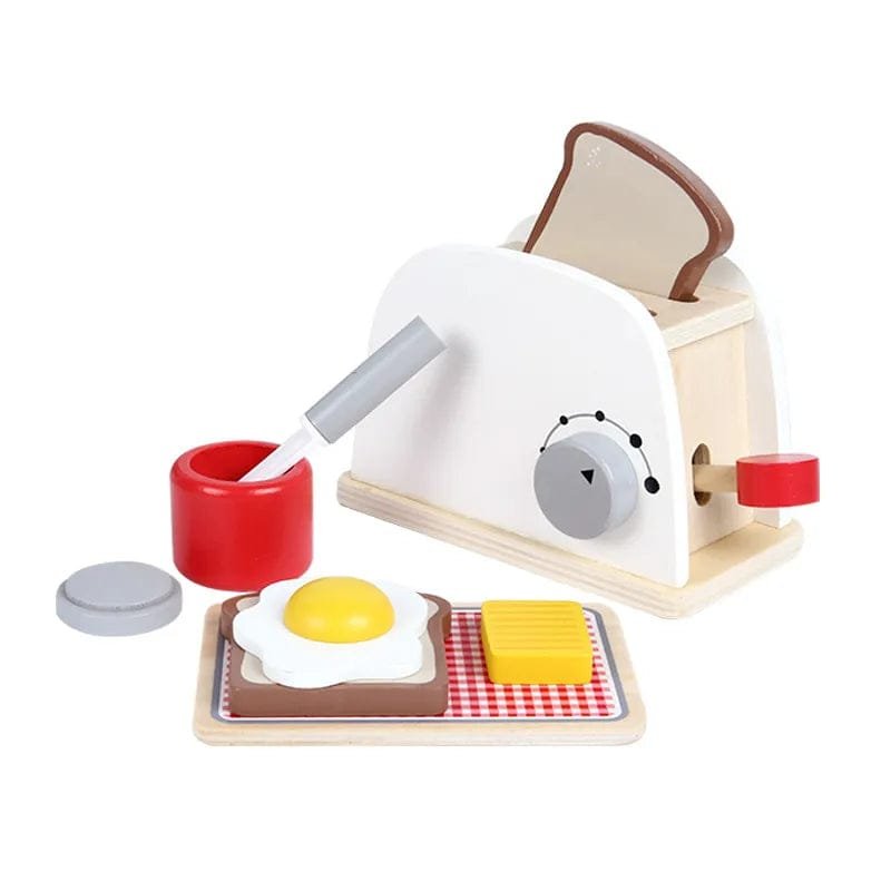 Wooden toy kitchen set with toaster, eggs, and toast on a white background