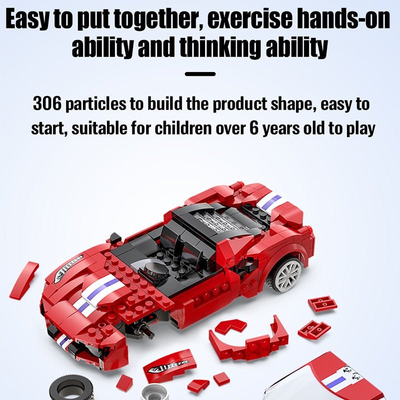 Red toy car set with building blocks on a white background, text about product features.