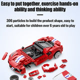 Red toy car set with building blocks on a white background, text about product features.