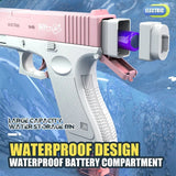 Pink and white water gun with electric component on a blue water background