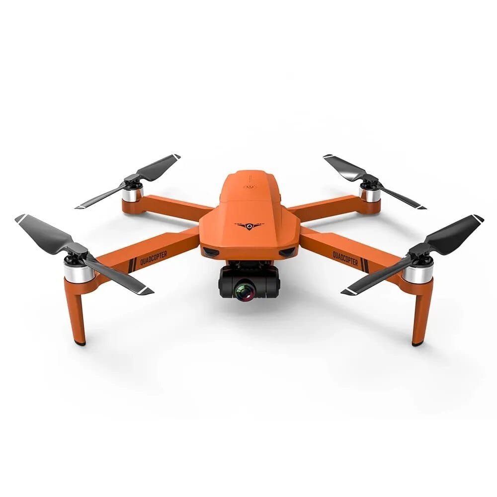Orange drone with four propellers on a white background