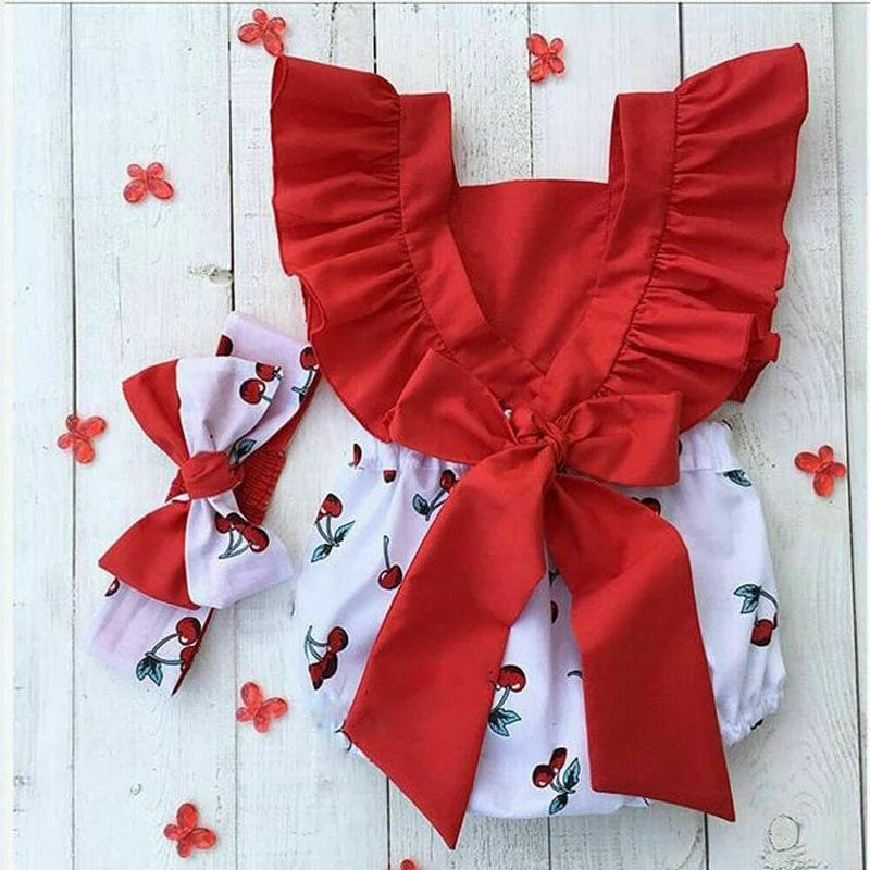 0-18M Cherry Romper Set: Ruffle Backless with Headband image 1