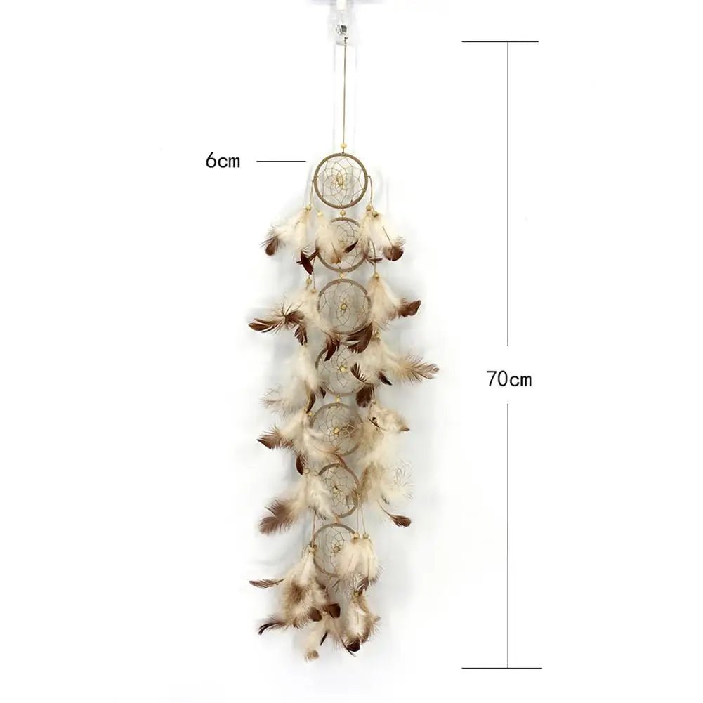 Feather rattan dream catcher shown with a dimensions chart for boho decor planning.