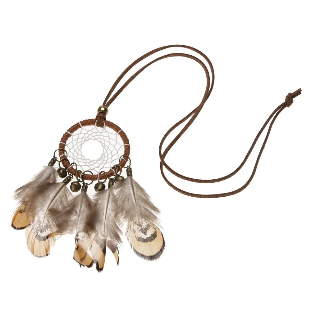 Feather dream catcher necklace styled as a boho accessory for everyday wear.