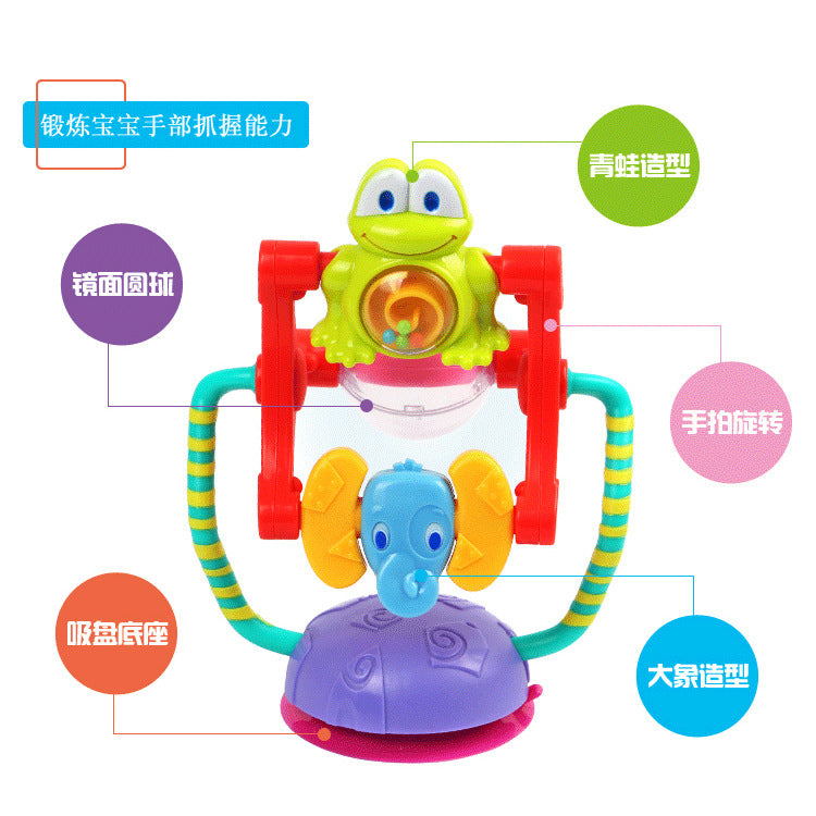 Three-Color Rotating Ferris Wheel Baby Rattle showing parts and suction base for tummy time and high chair play.