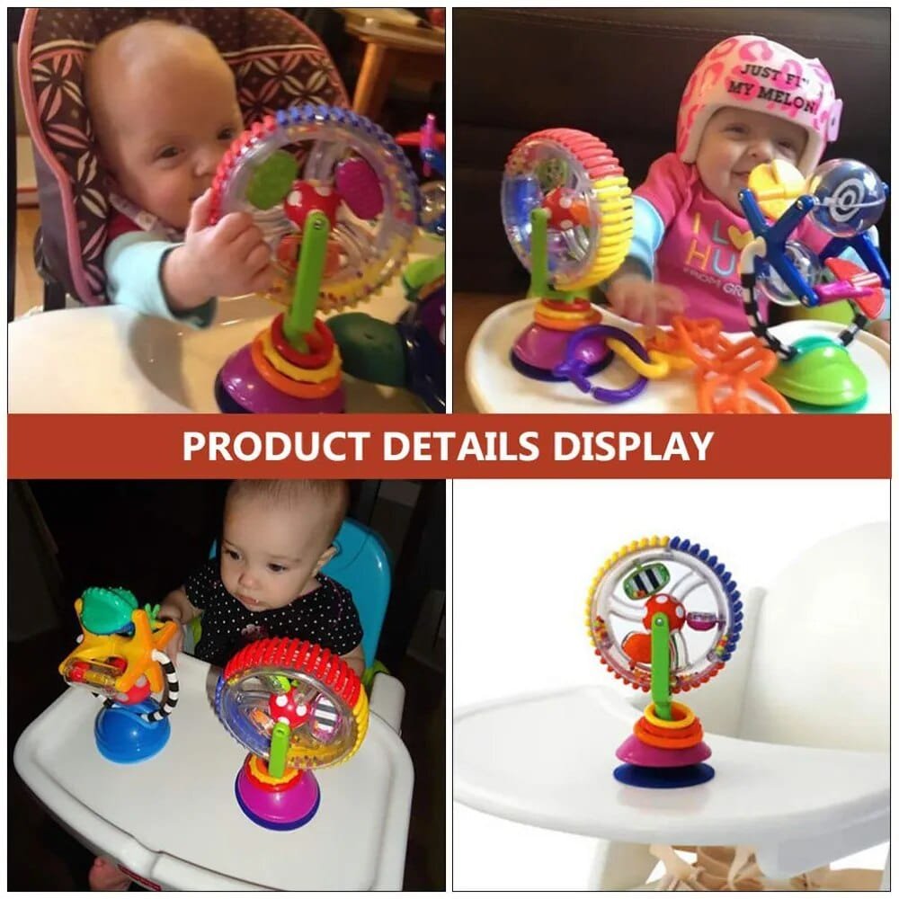 Ferris wheel suction baby rattle fixed to a high chair for mealtime entertainment and interactive play.