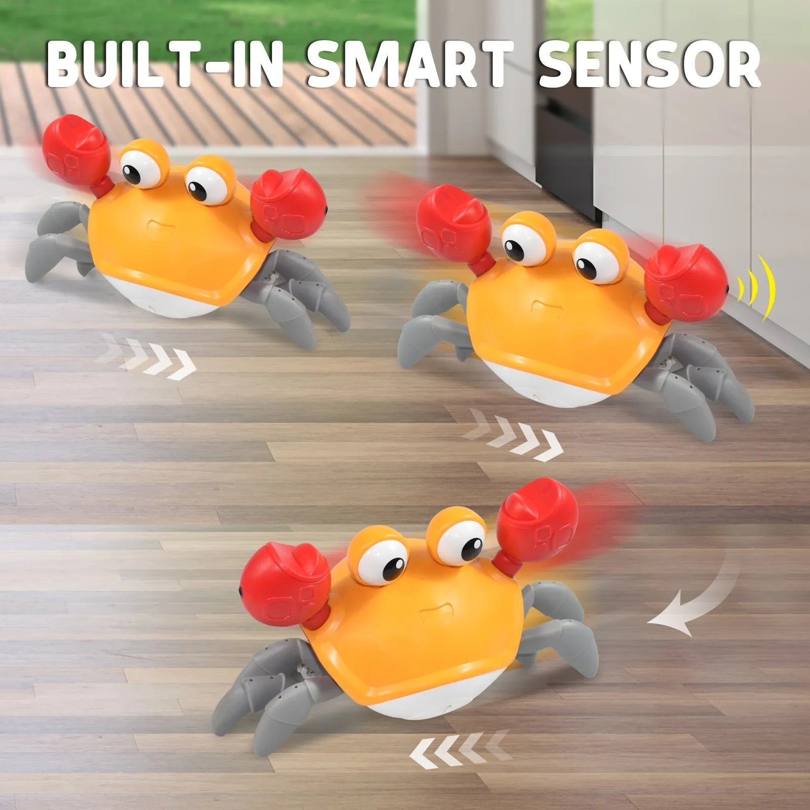 Three toy crabs with built-in sensors on a wooden floor.