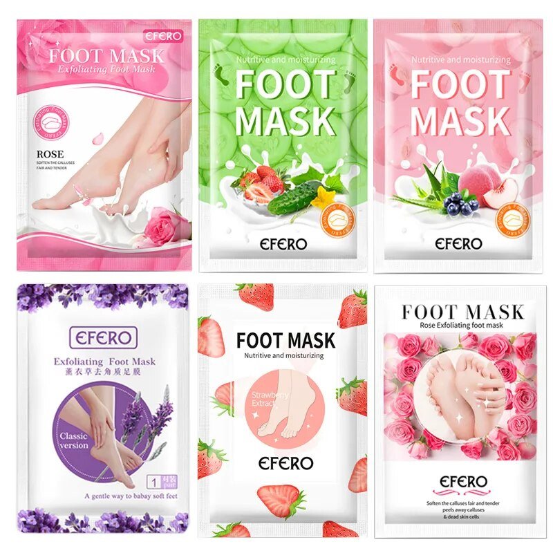 Six packages of EFERO foot masks with different designs and colors.
