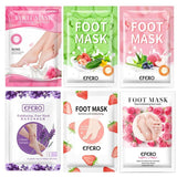 Six packages of EFERO foot masks with different designs and colors.