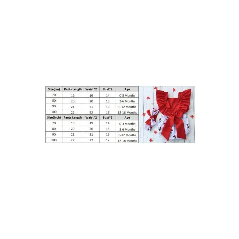 Baby outfit with red bow and size chart on a white background
